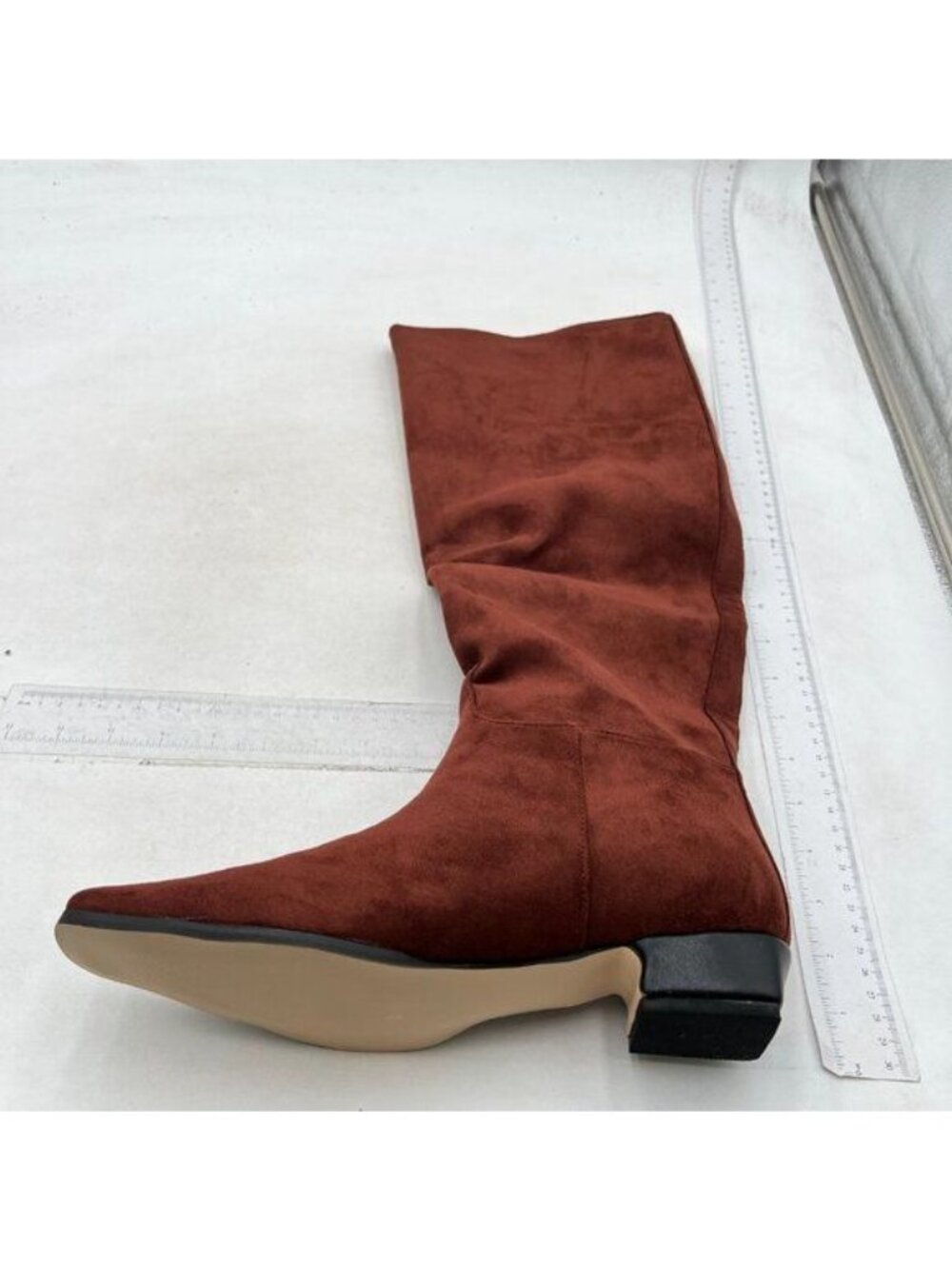 Dark Brown Square Toe Knee High Boot Wide Calf Low Chunky Heels Long Boot - Picture 3 of 8